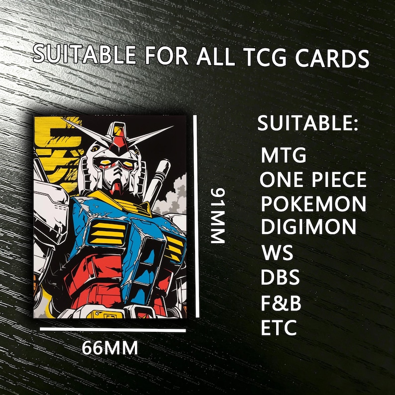 May include: A trading card sleeve featuring a colorful illustration of a robot. The sleeve is 66mm x 91mm and suitable for MTG, One Piece, Pokemon, Digimon, WS, DBS, F&B, and other TCG cards.