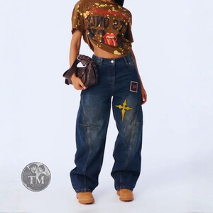 Dark Indigo Barrel Leg Jeans, Y2K Star Patch Trousers, Loose Fit Denim