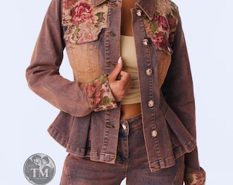 Women Burgundy Floral Peplum Jean Coat, Tapestry Yoke Button Front Outerwear