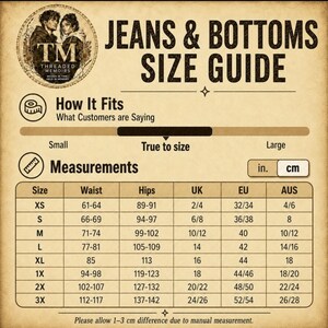 May include: A beige jeans and bottoms size guide chart with a vintage paper texture. It features a logo with two people, the text Threaded Memoirs, a fit scale, and a table listing sizes from XS to 3X with waist and hip measurements in centimeters.