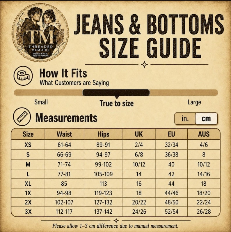 May include: A beige jeans and bottoms size guide chart with a vintage paper texture. It features a logo with two people, the text Threaded Memoirs, a fit scale, and a table listing sizes from XS to 3X with waist and hip measurements in centimeters.