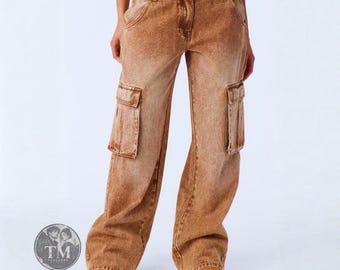 Brown Acid Wash Cargo Jeans, Wide Leg Y2K Trousers, Plus Size Baggy Pants