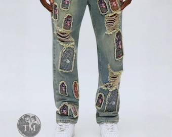 Embroidered Jeans, Distressed Denim Pants, Floral Patch Jeans, Baggy Streetwear Jeans, Y2K Ripped Jeans, Vintage Grunge Denim