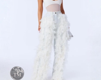 White Feather Wide Leg Trousers, Light Wash Statement Pants, Bridal Party Style