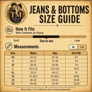 May include: A beige parchment-style jeans and bottoms size guide chart with black text. It features a logo with two figures, a fit scale from small to large, and a table listing waist, hip, and US/CAN measurements in inches for sizes XS to 3X.