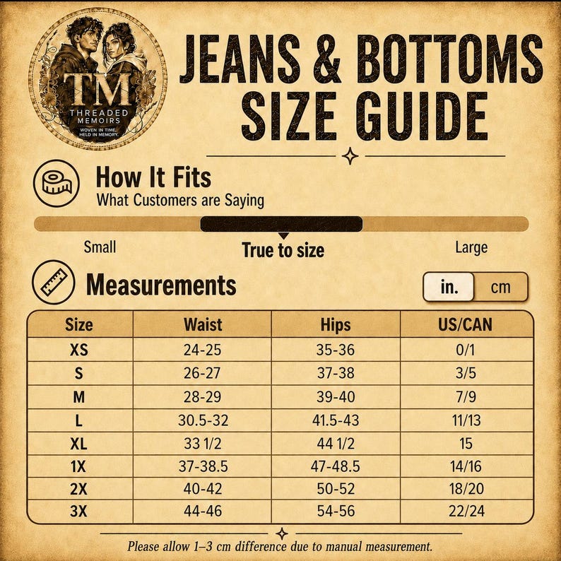 May include: A beige parchment-style jeans and bottoms size guide chart with black text. It features a logo with two figures, a fit scale from small to large, and a table listing waist, hip, and US/CAN measurements in inches for sizes XS to 3X.