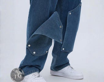 Baggy Denim Jeans With Snap Panel Detail, Y2K Wide Leg Jeans, Blue Streetwear Pants, Loose Fit Utility Denim Trousers