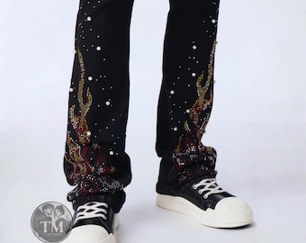 Black Flare Leg Pants with Rhinestone Flames, Jeweled Pearl Detail Trousers