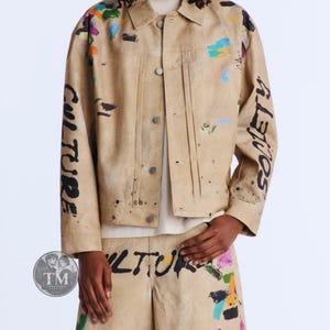 Khaki Paint Splatter Canvas Jacket, Cropped Workwear Jacket, Colorful Graphic Streetwear, Y2K Artist Statement Jacket