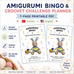 May include: A printable PDF planner for amigurumi bingo and crochet challenges. The design features a cartoon bunny holding yarn and a crochet hook. The text includes "Amigurumi Bingo & Crochet Challenge Planner" and "7-page printable PDF."