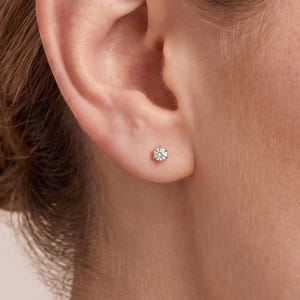 Könnte beinhalten: Ein kleiner, runder Ohrstecker mit einem klaren Edelstein in einer metallischen Krappenfassung. Der Ohrstecker befindet sich im unteren Ohrläppchen und verfügt über einen Stein im Brillantschliff, der das Licht reflektiert und dezent glänzt.