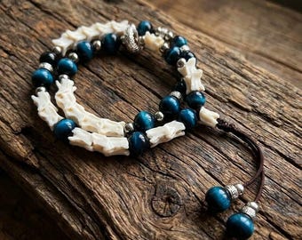 Real Snake Bone Double Wrap Bracelet | Deep Blue Gemstone & Vertebrae Jewelry | Gothic Taxidermy Art | Vulture Culture Oddity