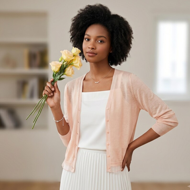 May include: A light peach-colored, button-down cardigan with three-quarter length sleeves, worn over a white square-neck top and a white pleated skirt. The cardigan features a fine knit texture and a row of small, matching buttons down the front.