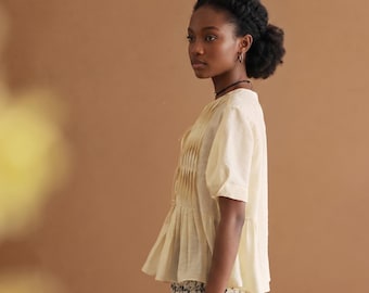 Soft Cream Pintuck Peplum Blouse Short Puff Sleeve Tie Front Top Vintage Cottagecore Lyocell Shirt Romantic Boho Chic Womens Summer Clothing