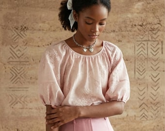 Blush Pink Floral Embroidered Blouse Sheer Boho Peasant Top Cottagecore Puff Sleeve Tunic Romantic Summer Shirt Fairycore Lightweight Wear