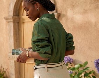 100% Linen Shirt Women Dark Green Button Down Blouse Natural Flax Long Sleeve Collared Top Relaxed Fit Minimalist Breathable Summer Workwear