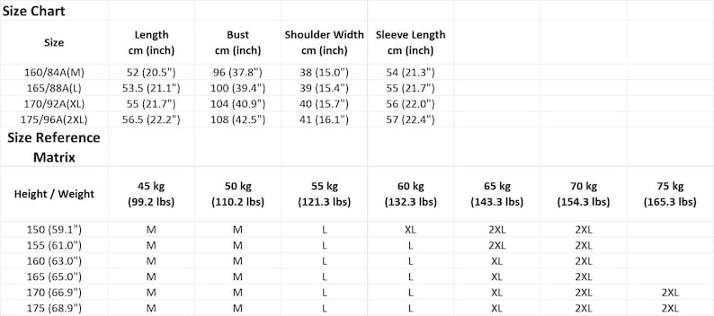 May include: A white size chart and size reference matrix table with black text. The chart lists garment measurements in cm and inches for sizes M, L, XL, and 2XL, including length, bust, shoulder width, and sleeve length, plus height and weight.