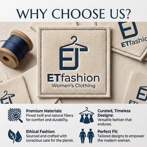 May include: A square beige fabric label featuring the dark blue ETfashion logo with a hanger icon and the text Women's Clothing. The image includes a wooden spool with dark blue thread and additional labels with the same logo and text.