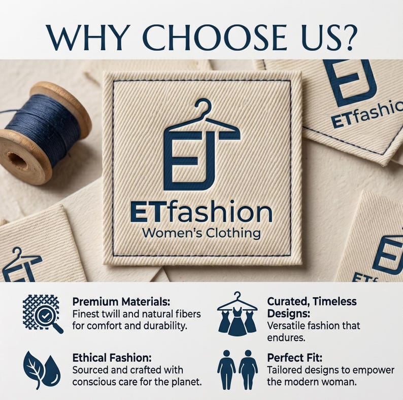 May include: A square beige fabric label featuring the dark blue ETfashion logo with a hanger icon and the text Women's Clothing. The image includes a wooden spool with dark blue thread and additional labels with the same logo and text.