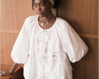 Boho White Lace Blouse Cut Out Tie Front Top Cottagecore Peasant Shirt Floral Eyelet Cotton Embroidery Puff Sleeve Romantic Festival Tunic