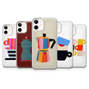 May include: A collection of five phone cases with colorful coffee-themed designs. The cases feature images of coffee cups, a striped coffee maker, and a stack of coffee cups in various colors, including pink, orange, and blue.