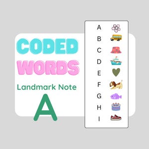 Può includere: Uno strumento didattico con le parole "CODED WORDS" in blu e rosa, e "Landmark Note" in verde. Un elenco di lettere A-I con immagini corrispondenti: fiore, scuolabus, cappello, barca, cuore, cane, pesce, torta e scarpa.