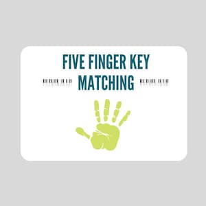 May include: A white rectangular graphic with the text "FIVE FINGER KEY MATCHING" in teal. A green handprint is at the bottom. Piano key graphics are above and below the word "MATCHING".
