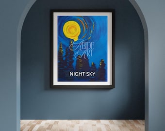 Pintura del cielo nocturno: reflejo de la luna dorada sobre aguas azul profundo (impresión digital)