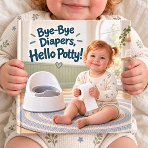 May include: A hardcover children's book titled Bye-Bye Diapers, Hello Potty! featuring a cover illustration of a toddler holding a roll of toilet paper next to a white and gray potty on a blue and white circular rug.