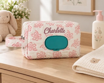 Pochette personnalisée pour couches et lingettes, organisateur de bébé matelassé avec nom brodé