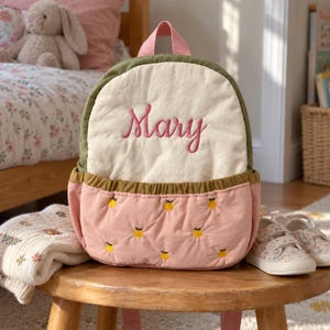 Personalized Toddler Backpack with Embroidered Name, Color Block Preschool Bag for Girls