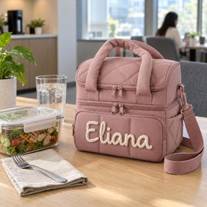 Borsa termica personalizzata per il pranzo con nome ricamato, borsa a doppio scomparto trapuntata per la scuola.