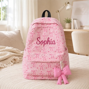Personalized Corduroy Bow Backpack,  Embroidered Name Coquette College Bag for Girls