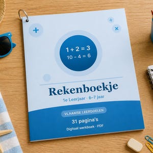 Puede incluir: Un cuaderno azul claro con el texto "Rekenboekje" y ecuaciones matemáticas, junto a unas gafas de sol azules, un sombrero de paja, una toalla a rayas azules y blancas, una estrella de mar y una concha. También hay un portalápices azul y un bloc de notas.