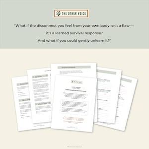 May include: Several white paper pages with text and graphics are displayed. The top page reads "Interoceptive Awareness" and includes text about the body. The top of the image has the text "THE OTHER VOICE". The background is a light green colour.