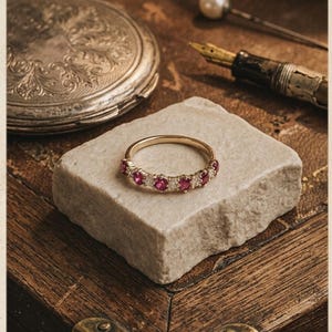 Anillo de oro de 14 quilates con rubíes y diamantes, estilo vintage, joyería de plata antigua.