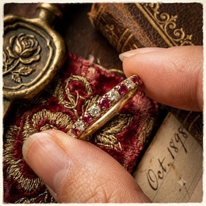 May include: A gold band ring featuring an alternating pattern of round-cut red rubies and clear white diamonds set in a row. The ring has a polished metal finish and is held between two fingers, showcasing the gemstone arrangement clearly.