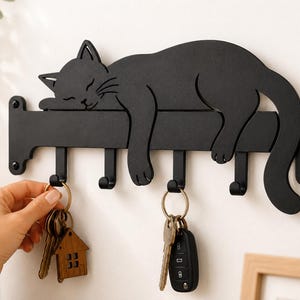 Cat Key Holder Wall Mount, Sleeping Cat Key Rack, Laser Cut Wood Key Organizer, Cat Lover Gift, Entryway Key Hanger, Farmhouse Home Decor