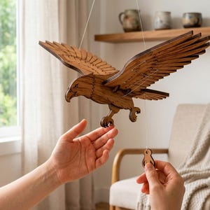 Mobile mit fliegendem Adler aus Holz • Kinetische Vogelskulptur • Lasergeschnittenes Adlerspielzeug aus Holz • Hängendes Mobile mit fliegendem Vogel • Kinderzimmer-Deckendekoration
