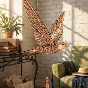 May include: A laser-cut wooden bird mobile featuring intricate feather detailing on the wings and body. The bird is suspended by thin white strings, with a small, rectangular wooden weight hanging from the bottom, displaying etched text.