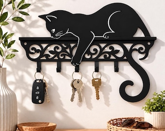 Llavero Gato Negro SVG | Archivo de corte láser Glowforge SVG | Soporte para llaves de MDF en capas