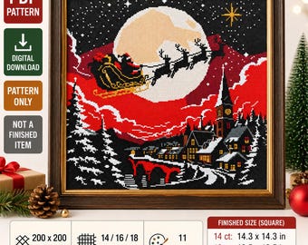 Patrón de punto de cruz del trineo de Papá Noel en PDF, gráfico de bordado de la noche de Navidad