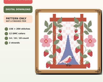 Patrón de punto de cruz de fresa en PDF, gráfico contado, diseño de jardín de pájaros