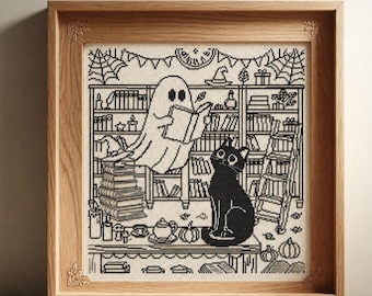 Patrón PDF de punto de cruz contado de gato negro fantasma para Halloween