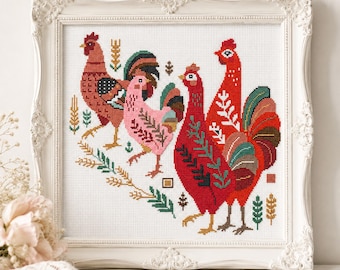 Patrón de punto de cruz de gallo y gallina en PDF - Gráfico de estilo rústico de arte popular