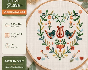 Patrón PDF de punto de cruz de corazones con pájaros de arte popular