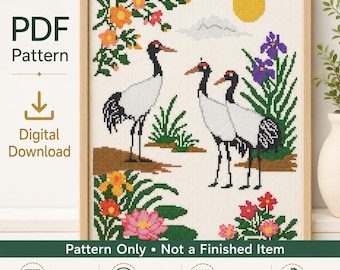 Patrón de punto de cruz floral de grulla japonesa en PDF, gráfico contado, diseño de ave asiática
