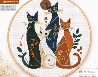 Modern Boho Cats Cross Stitch Pattern PDF | Cat Family Counted Chart | Botanical Feline Embroidery