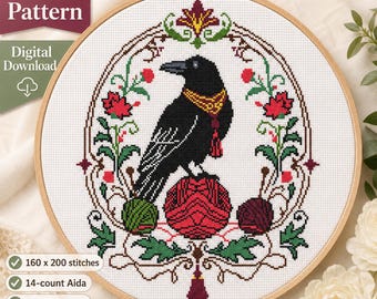 Patrón de punto de cruz floral de cuervo en PDF, gráfico de bordado de pájaro gótico