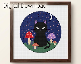 Patrón de punto de cruz de gato negro para Halloween - Gráfico PDF de cielo nocturno